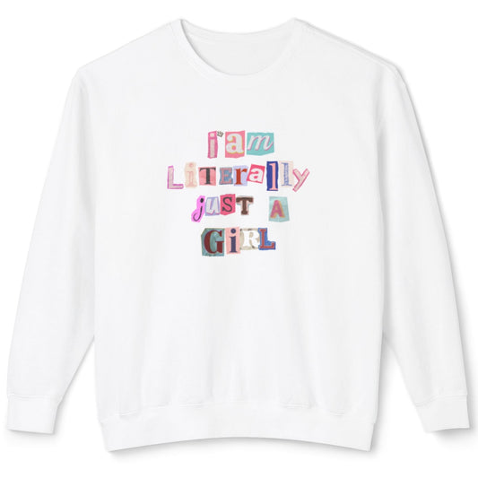 White sweatshirt with colorful text design on a white background