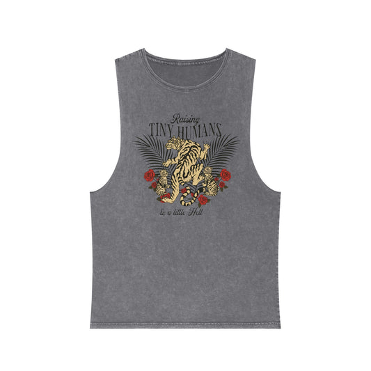 Gray sleeveless tank top with a tiger and floral design that has ext that reads "Raising Tiny Humans and a little Hell".
