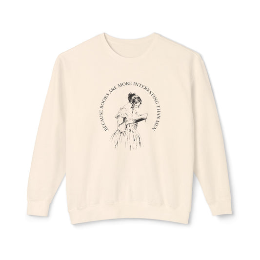 Beige sweatshirt with graphic design and text on a white background