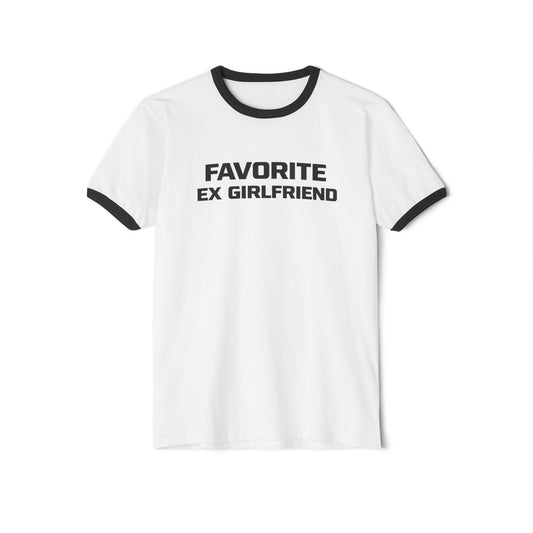White t-shirt with black text 'FAVORITE EX GIRLFRIEND' on a white background