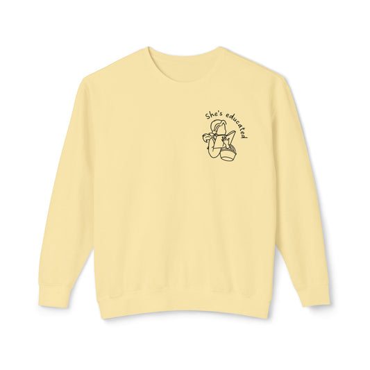 Light yellow sweatshirt with a graphic design belle inspired and text on the back against a white background