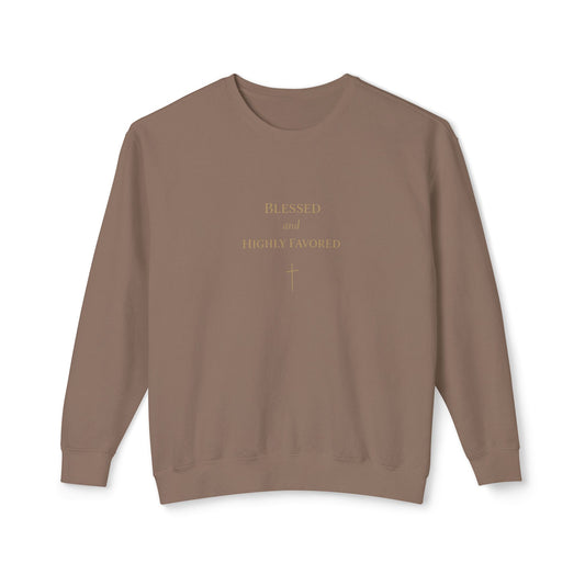 Brown sweatshirt with 'Blessed and Highly Favoured' text and cross on a white background