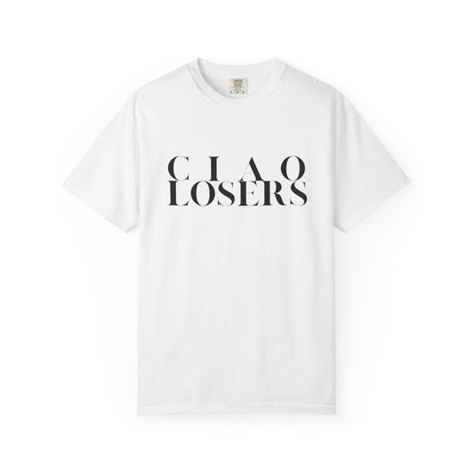 White t-shirt with 'CLAO LOSERS' text on a white background