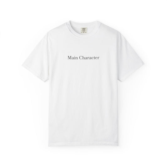 White t-shirt with 'Main Character' text on a white background