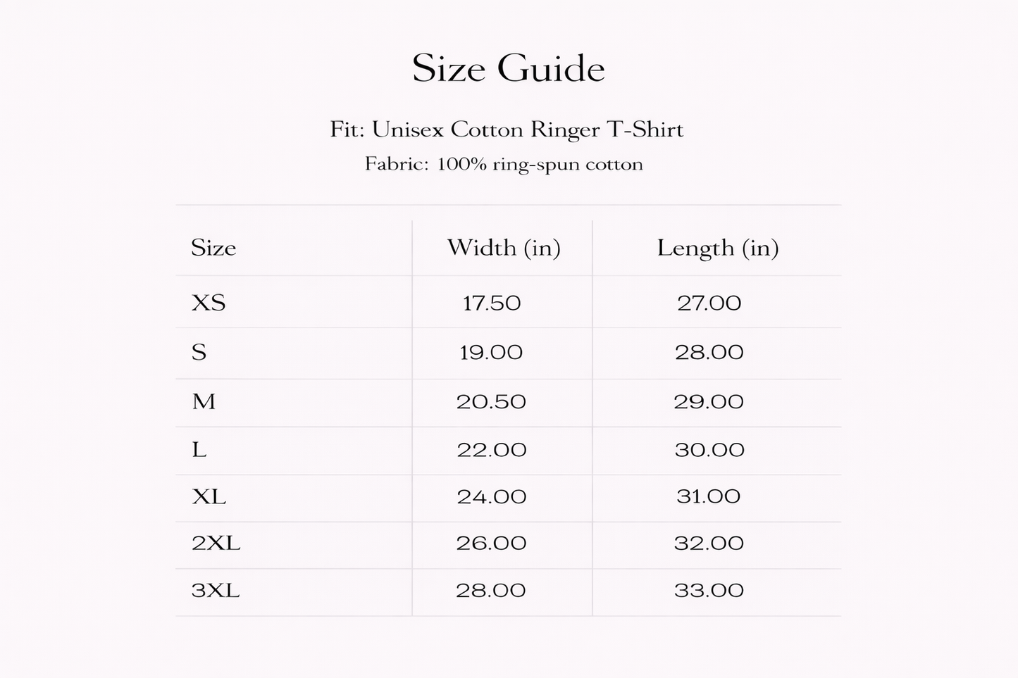 Size guide for unisex cotton ringer t-shirts with dimensions in inches.