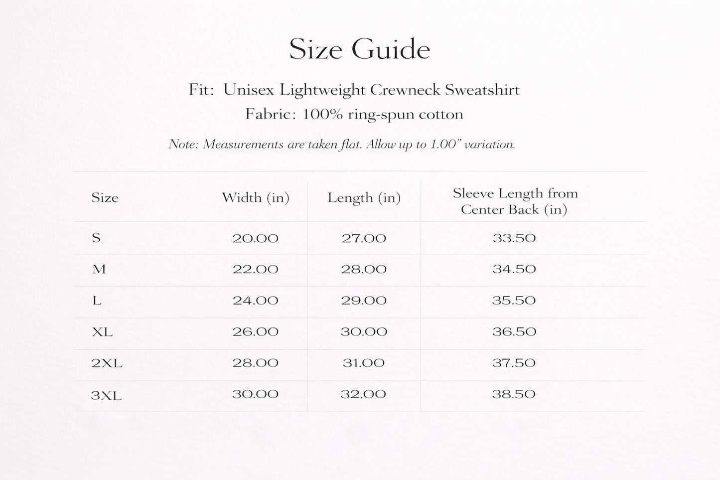Size guide for unisex lightweight crewneck sweatshirt with measurements on a white background