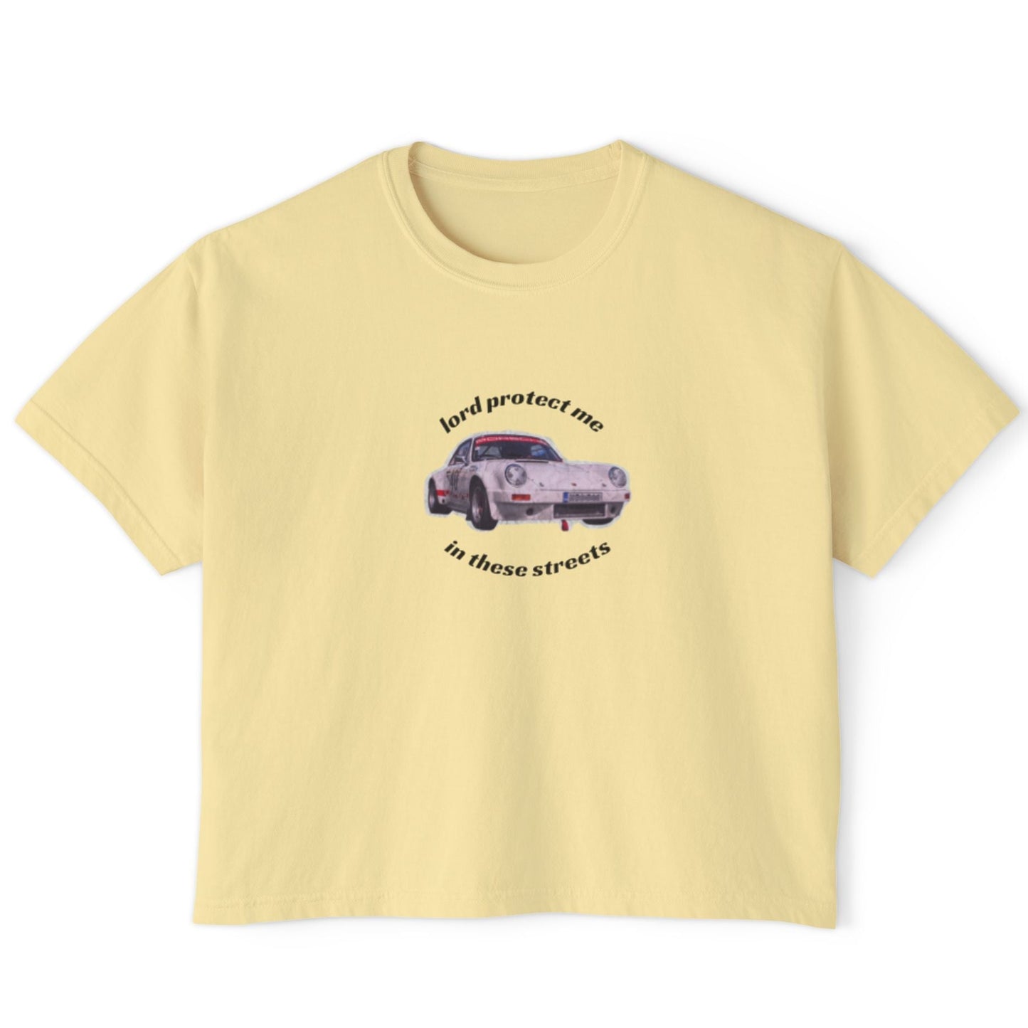 Yellow t-shirt with a graphic of a car and text on a white background