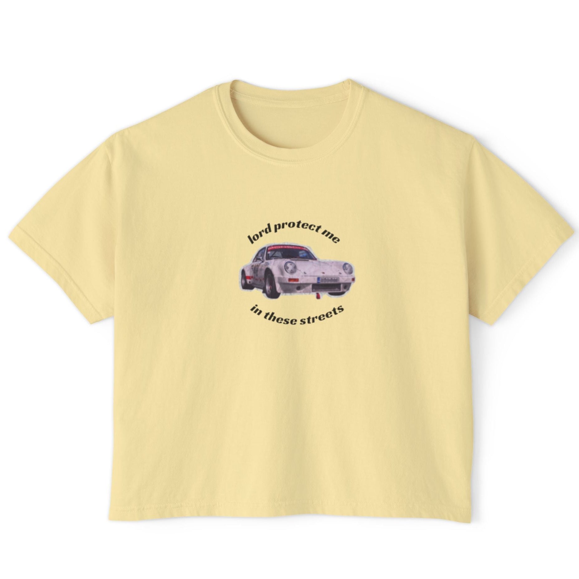 Yellow t-shirt with a graphic of a car and text on a white background
