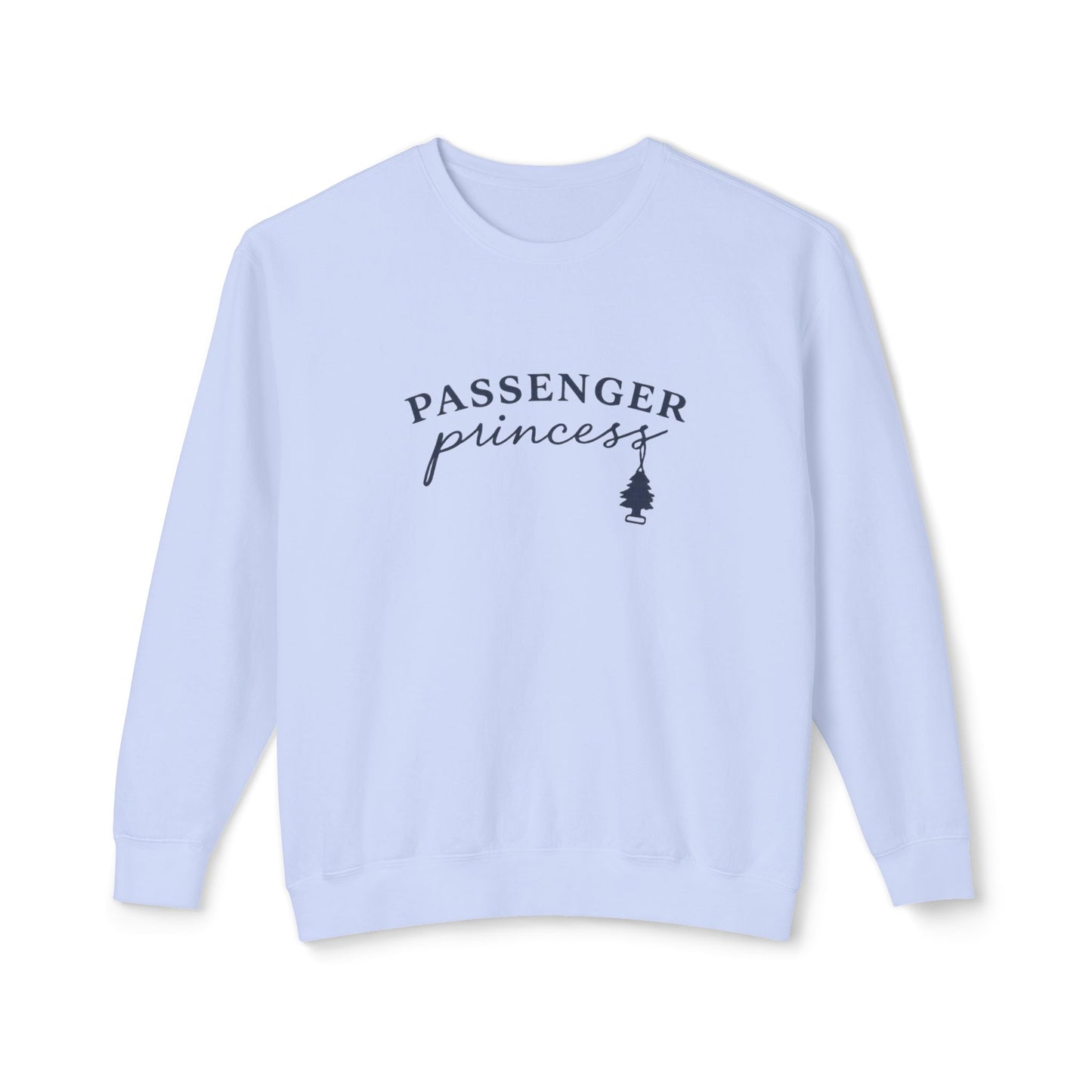 Light blue sweatshirt with 'Passenger princess' text on a white background