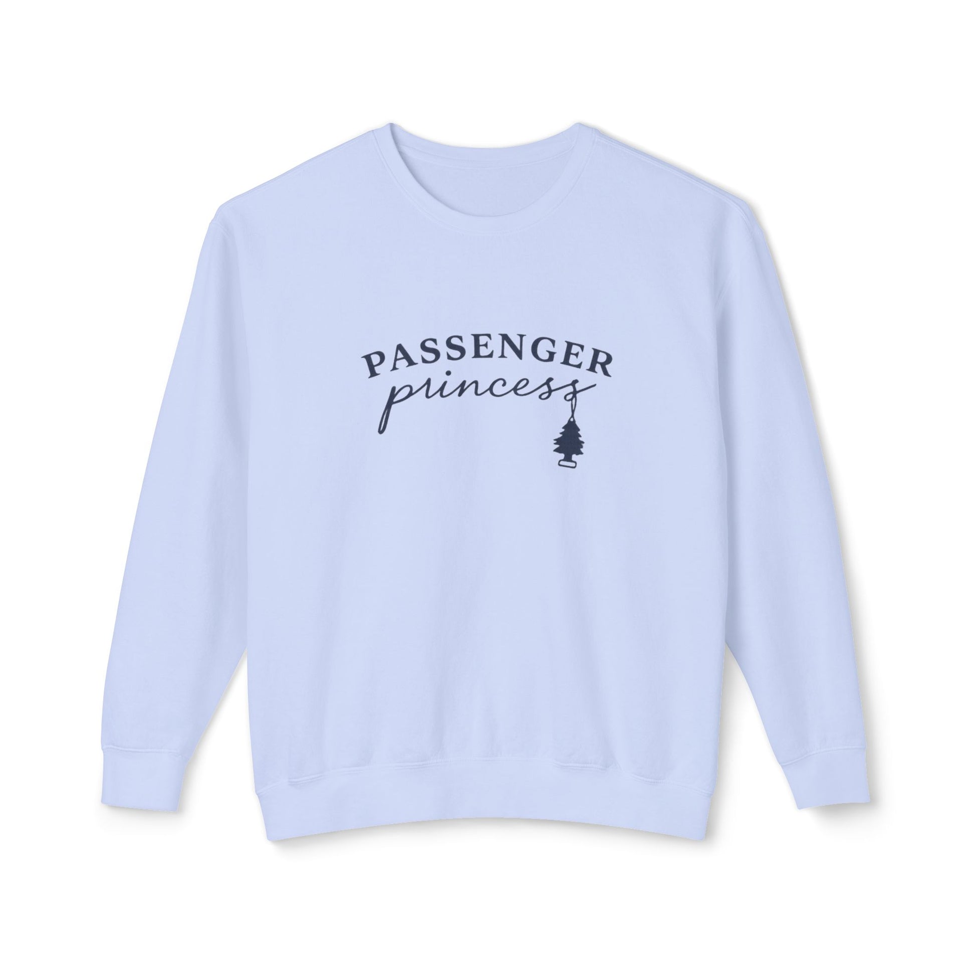 Light blue sweatshirt with 'Passenger princess' text on a white background