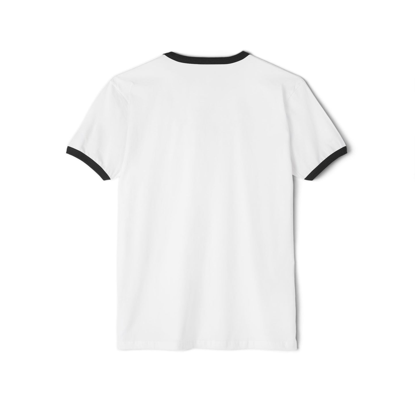 White t-shirt with black trim on a white background