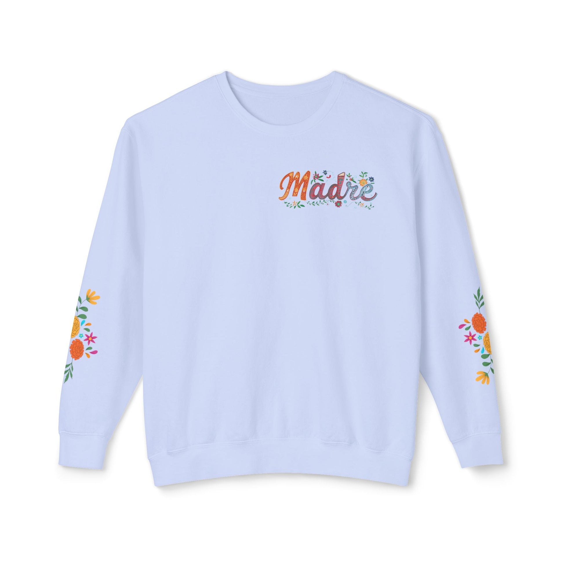 Light blue sweatshirt with 'Madre' text and floral designs on sleeves against a white background