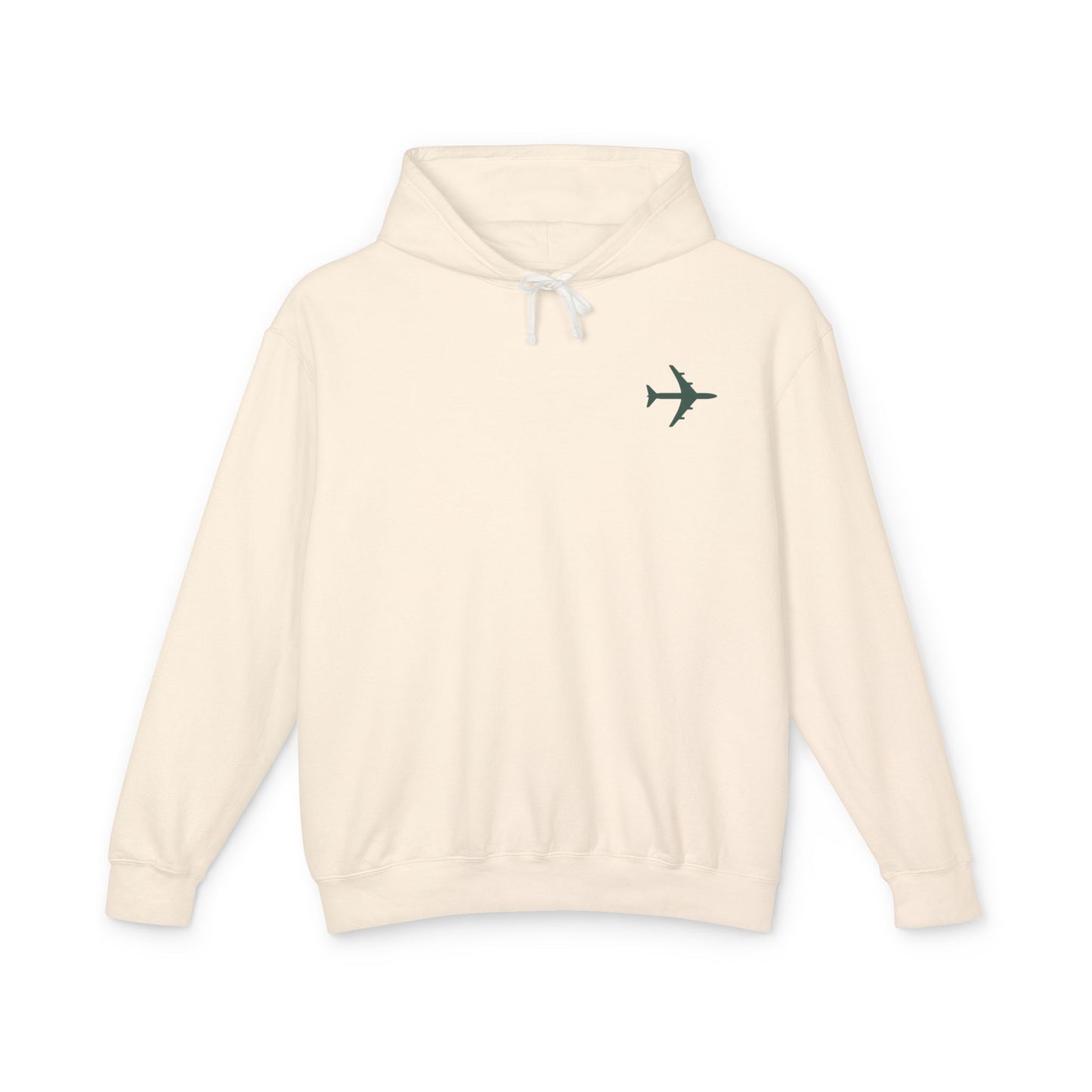 ivory hoodie with a small airplane design on a white background