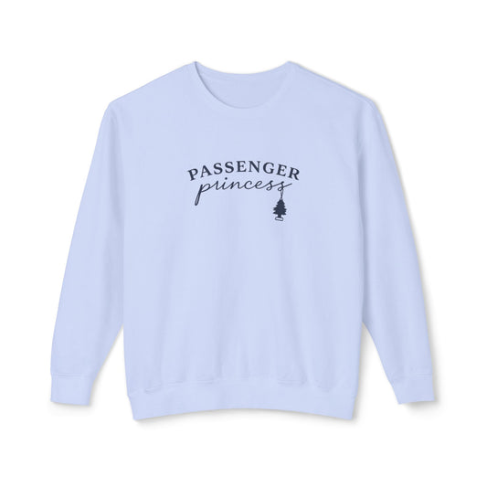 Light blue sweatshirt with 'Passenger Princess' text on a white background