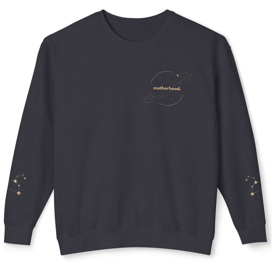 Black sweatshirt with 'motherhood' design on a white background