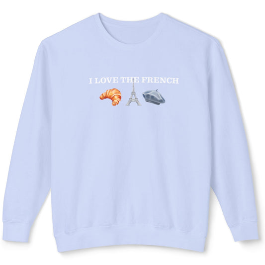 Light blue sweatshirt with text and icons on a white background