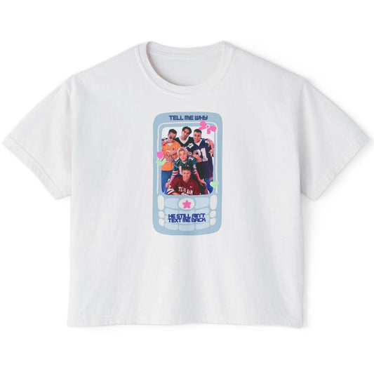 White t-shirt with a colorful graphic design on a white background