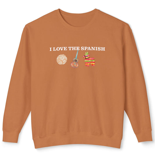 Brown sweatshirt with 'I LOVE THE SPANISH' text and graphics on a white background