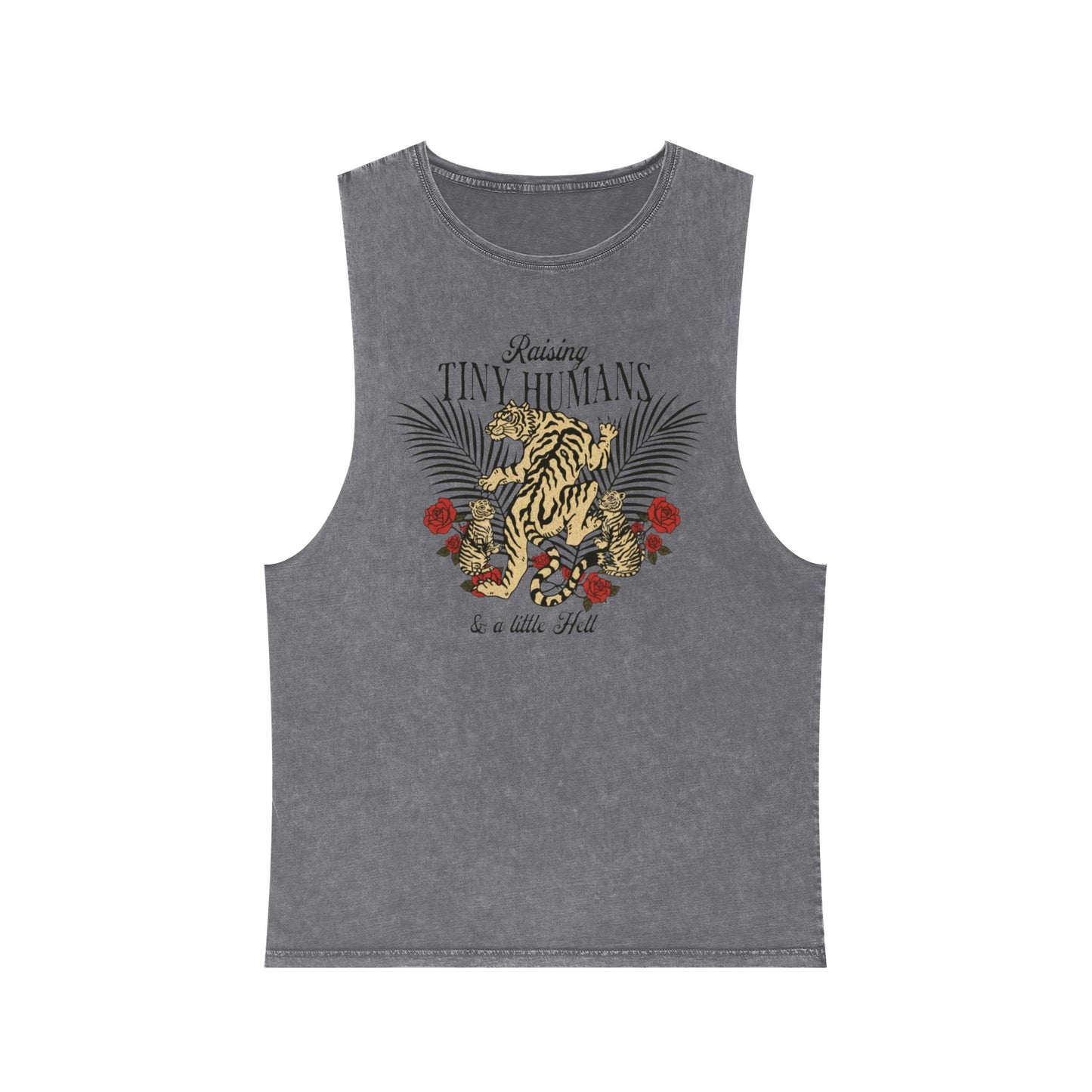 Gray sleeveless tank top with a tiger and floral design that has ext that reads "Raising Tiny Humans and a little Hell". 