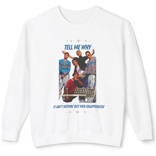 White sweatshirt with a graphic of Backstreet Boys on a white background