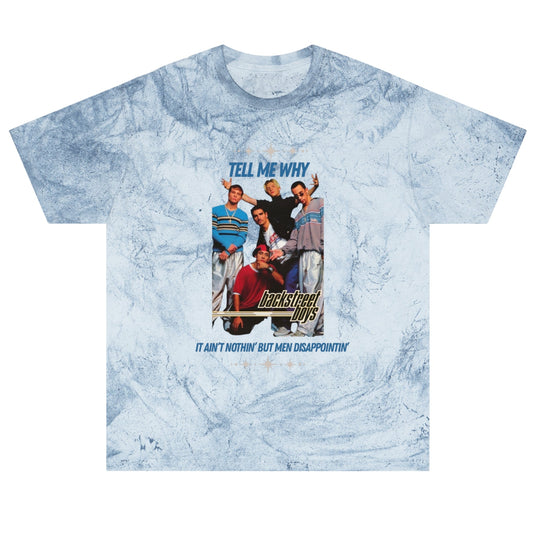 T-shirt with a graphic of Backstreet Boys and text on a blue marble background