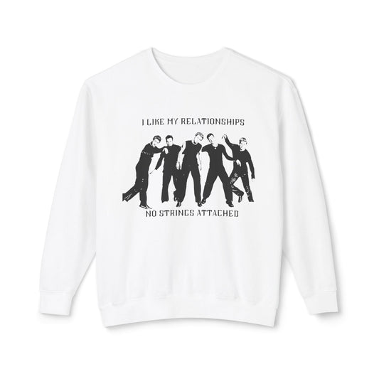 White sweatshirt with black graphic and text on a white background
