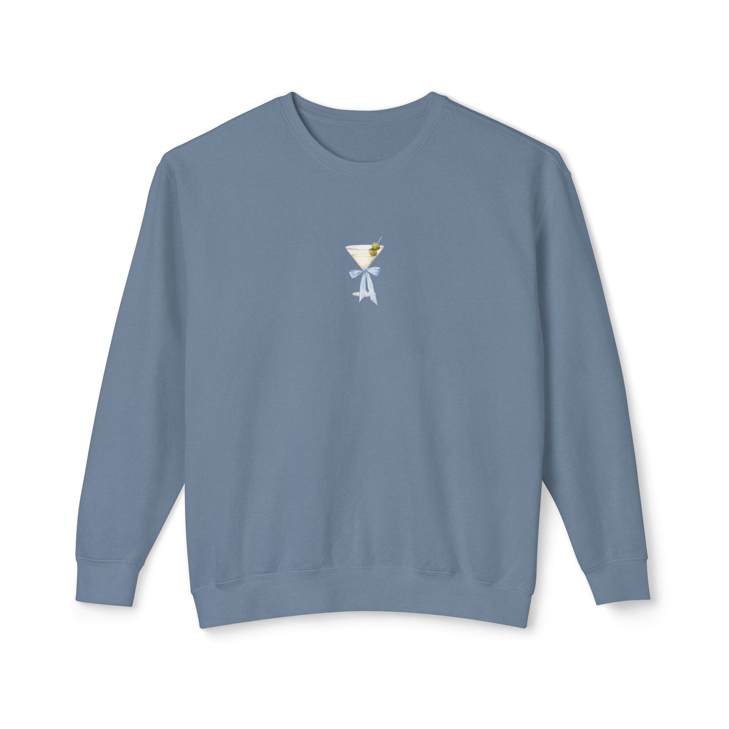 Blue sweatshirt with a martini graphic on a white background