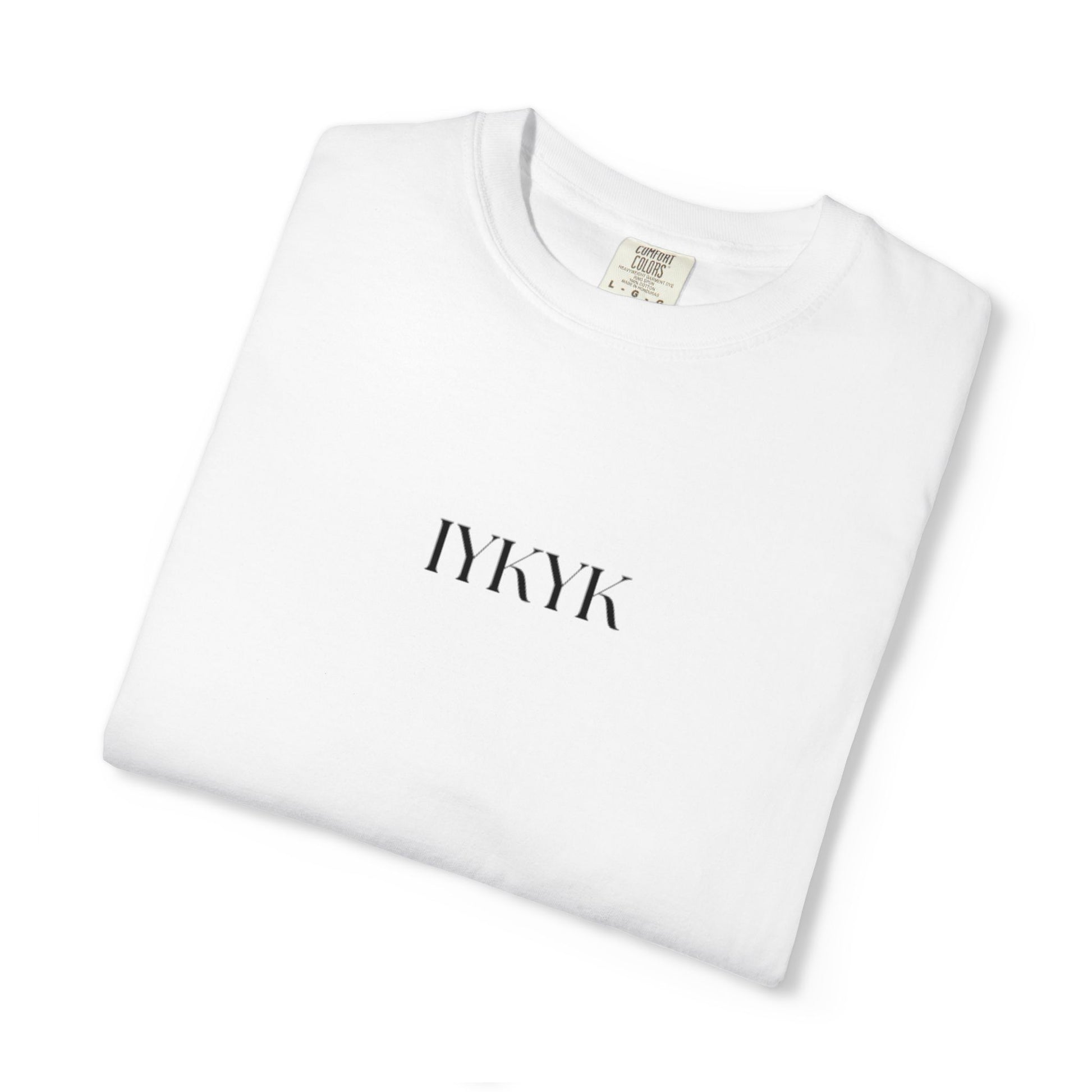 White t-shirt with 'IYKYK' text on a white background