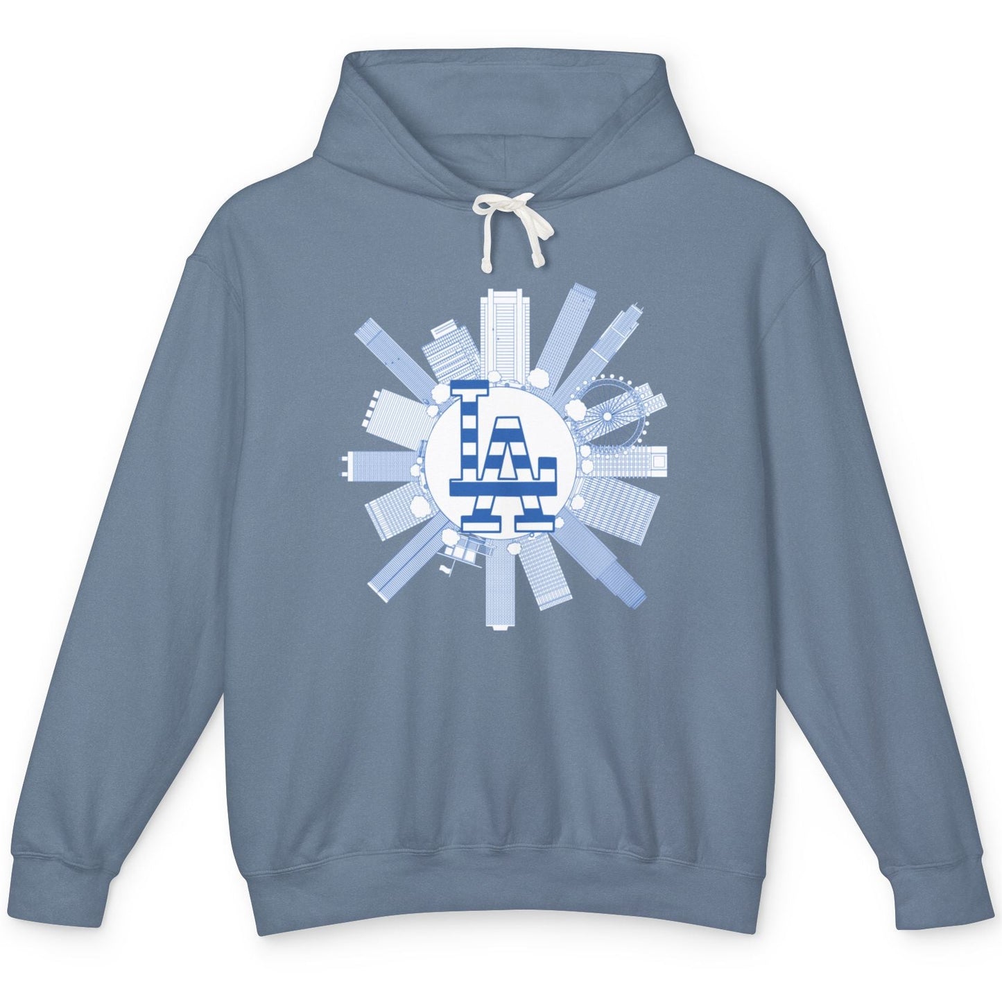 Blue hoodie with a logo on a white background