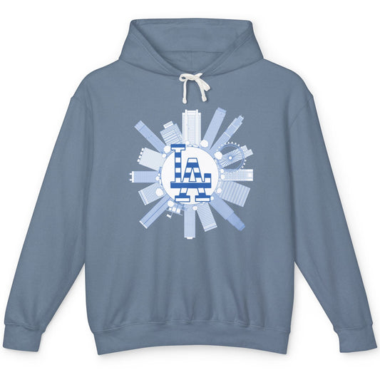 Blue hoodie with a logo on a white background