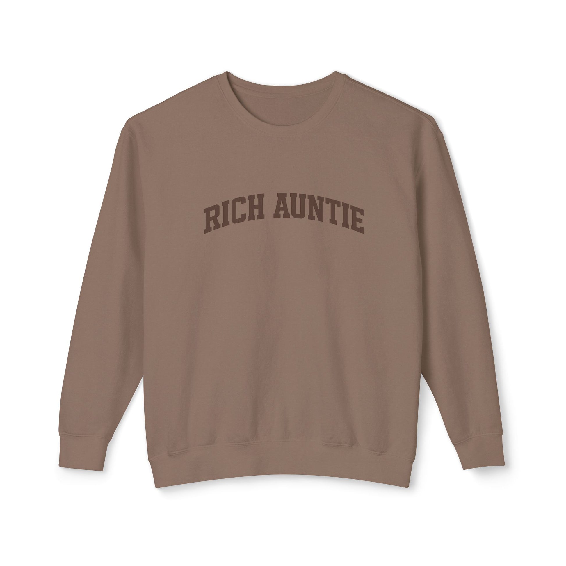 Brown sweatshirt with 'RICH AUNTIE' text on a white background