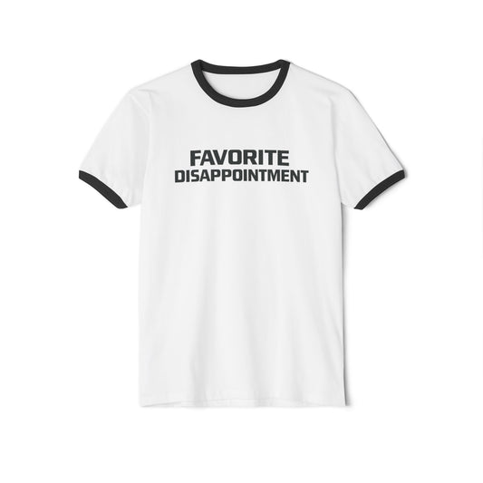 White t-shirt with black text 'FAVORITE DISAPPOINTMENT' on a white background