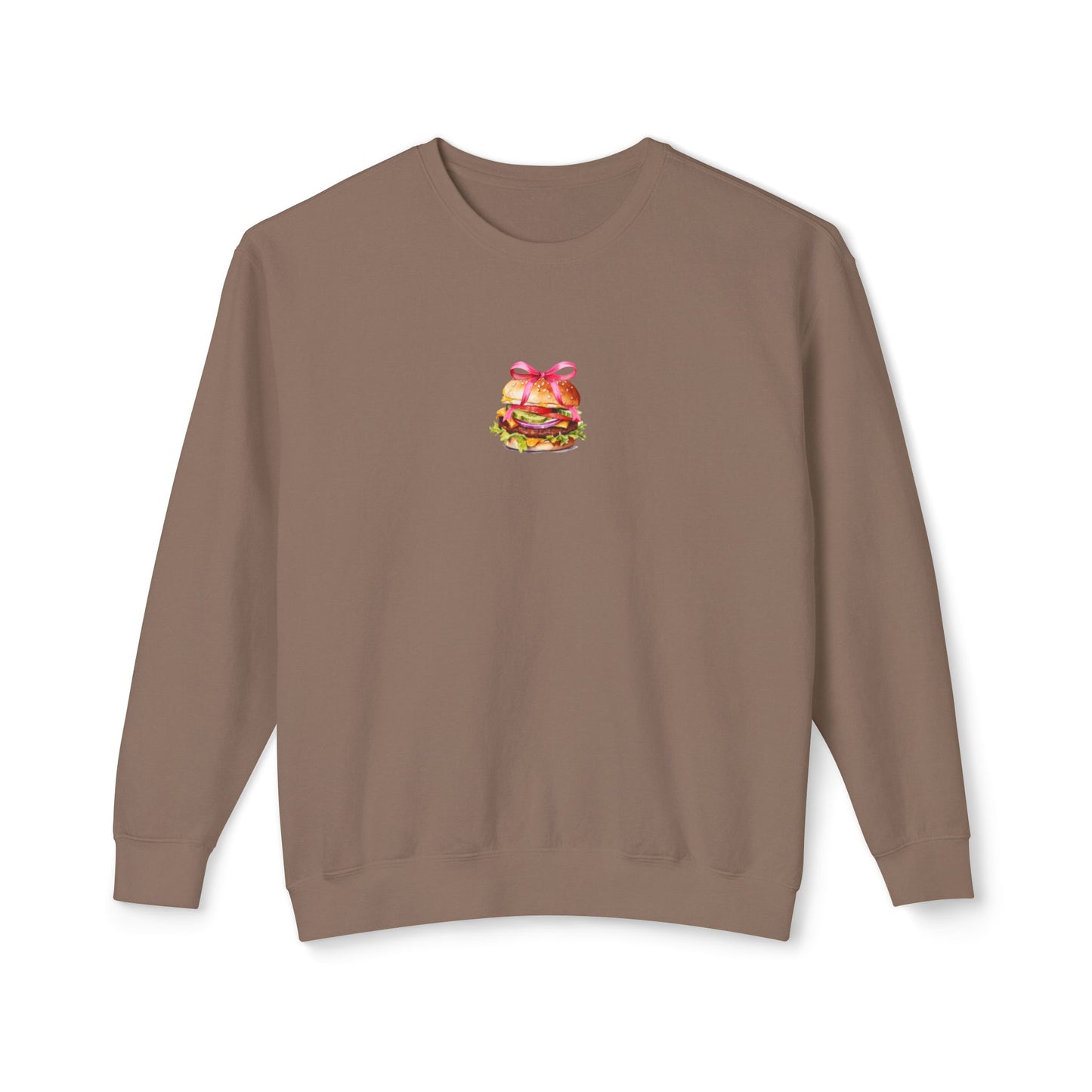 Brown sweatshirt with a small graphic of a cheeseburger on a white background