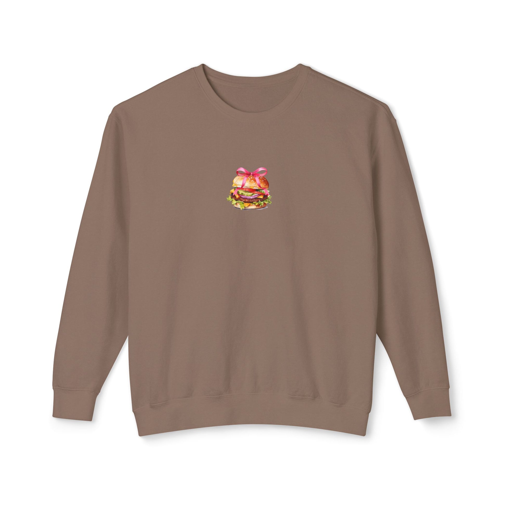 Brown sweatshirt with a small graphic of a cheeseburger on a white background