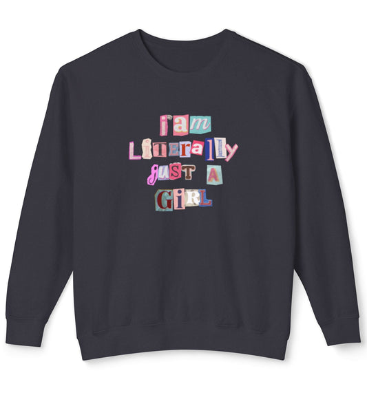 black sweatshirt with colorful text design on a white background