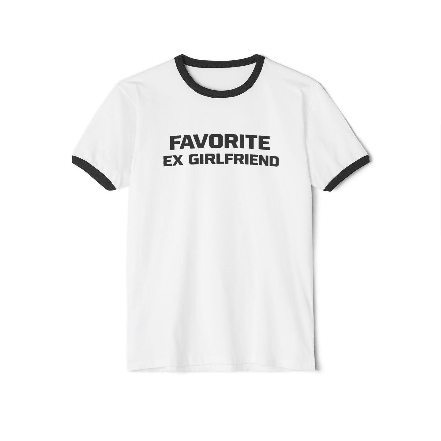 White t-shirt with black text 'FAVORITE EX GIRLFRIEND' on a white background