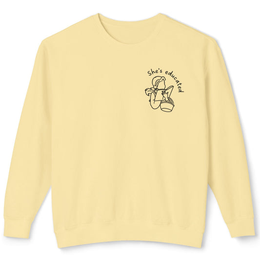 Light yellow sweatshirt with a graphic design and text on a white background