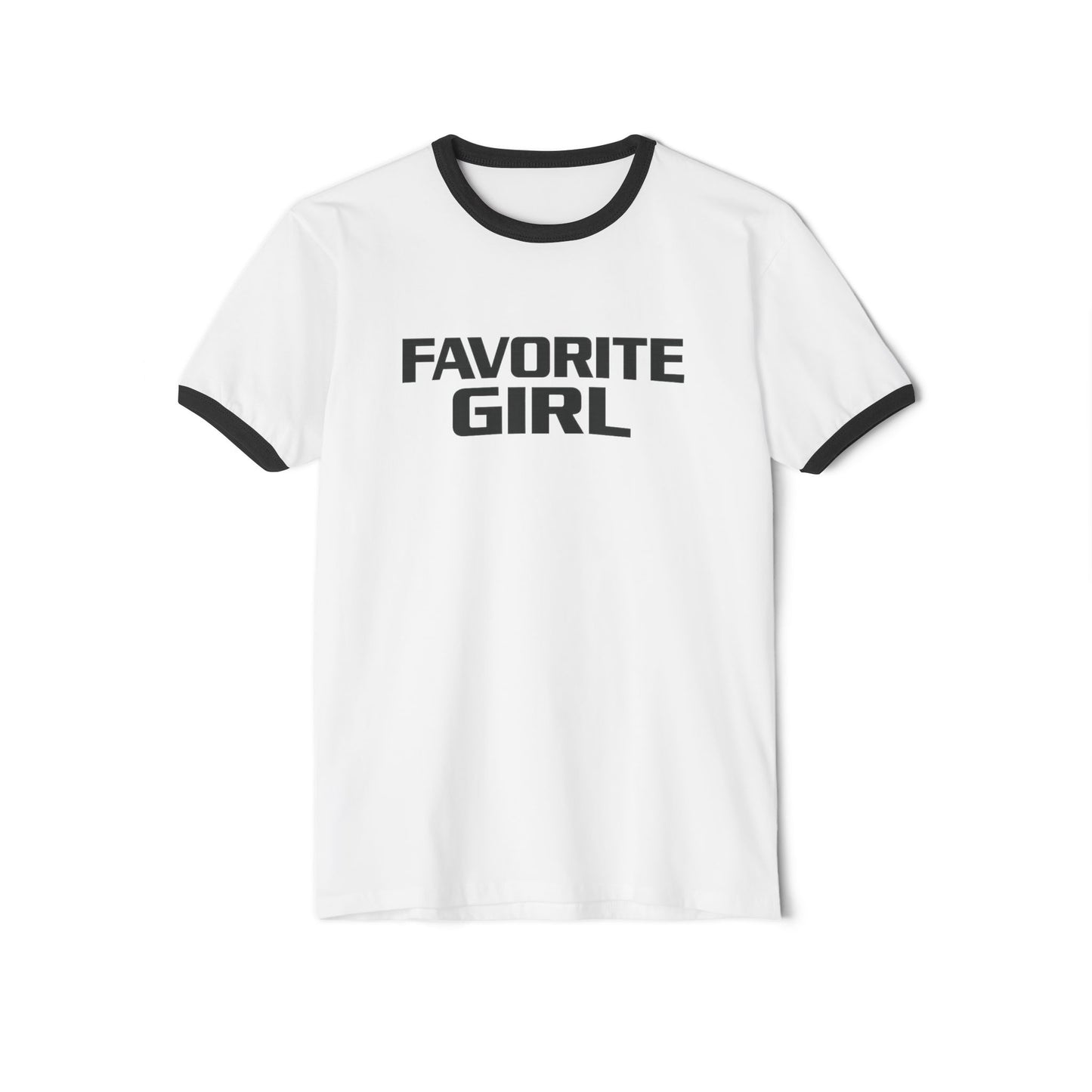 White t-shirt with black text that says "Favorite Girl" and trim on a white background