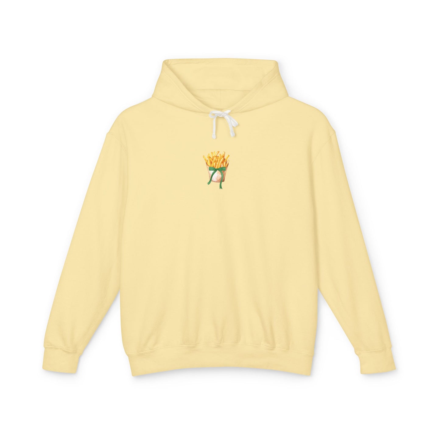 Yellow hoodie with a fries graphic on the chest against a white background