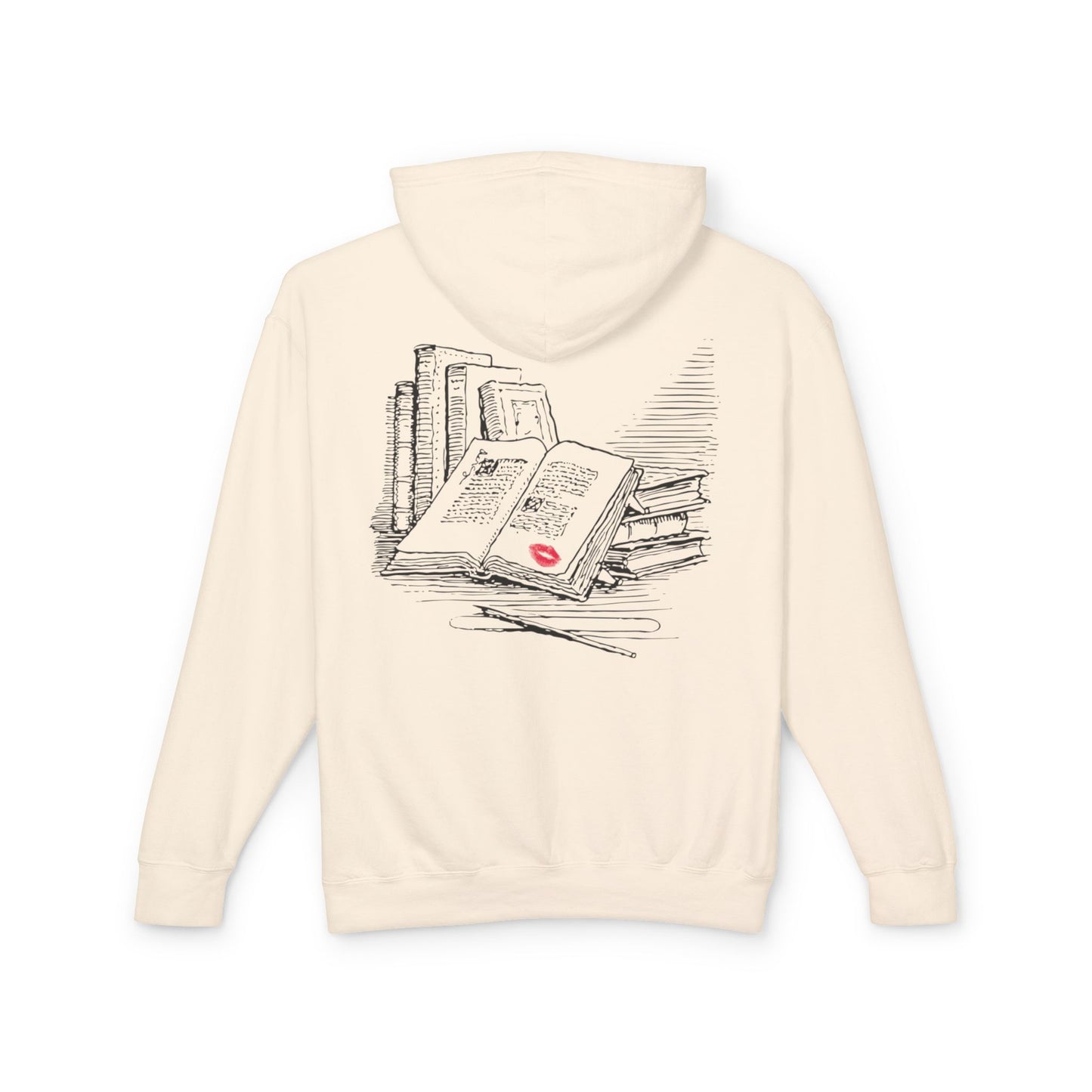 Beige hoodie with a graphic of books and a red lipstick on the back
