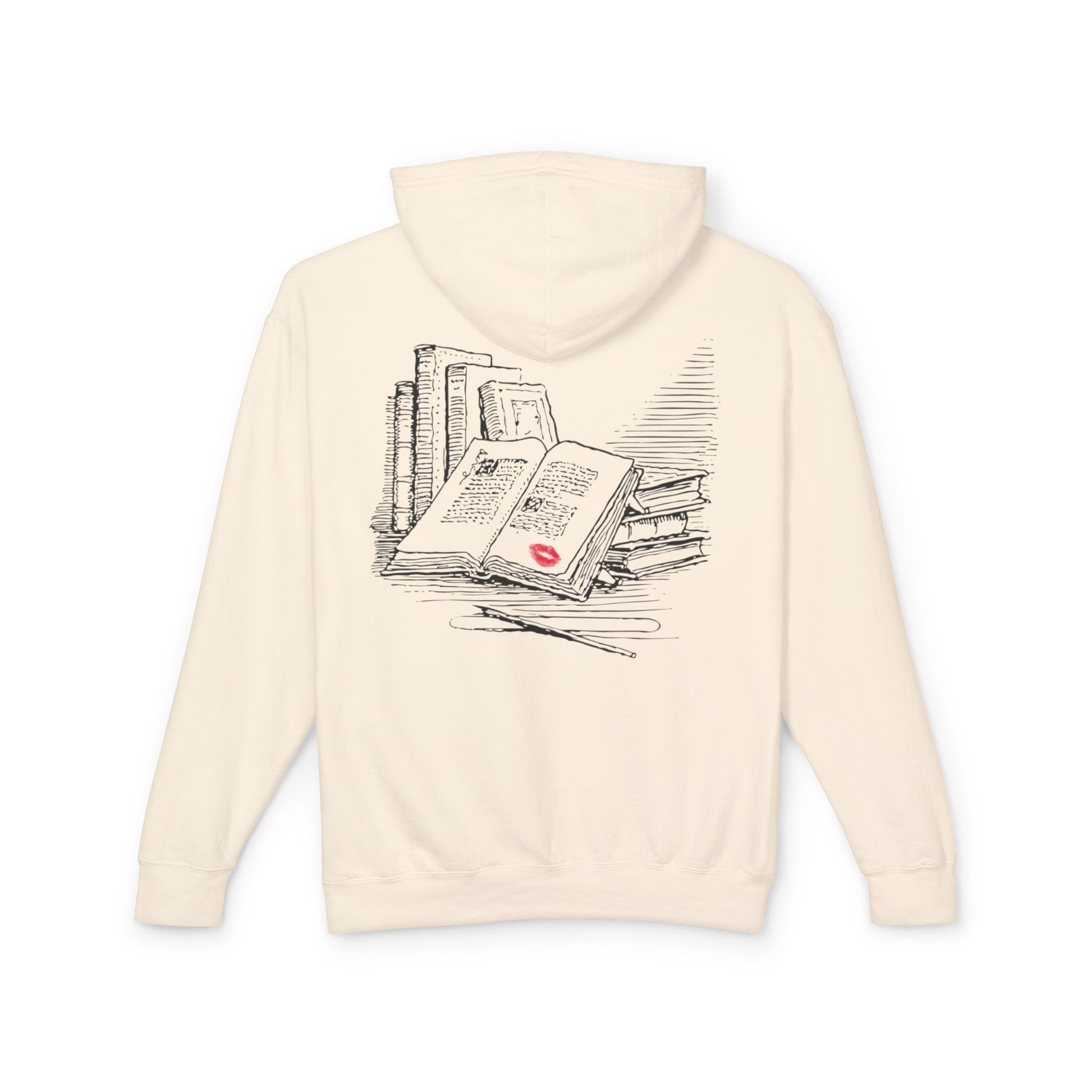 Beige hoodie with a graphic of books and a red lipstick on the back