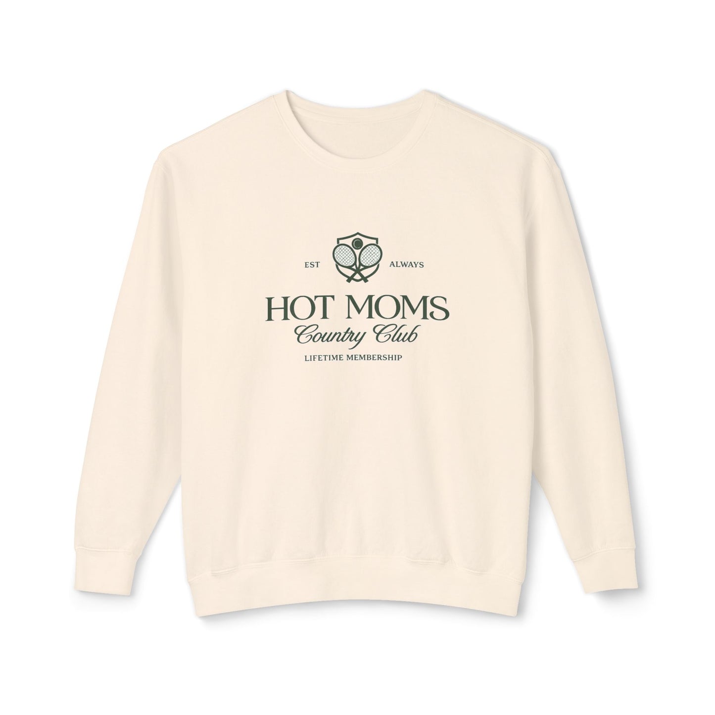 Beige sweatshirt with 'Hot Moms Country Club' text and logo on a white background