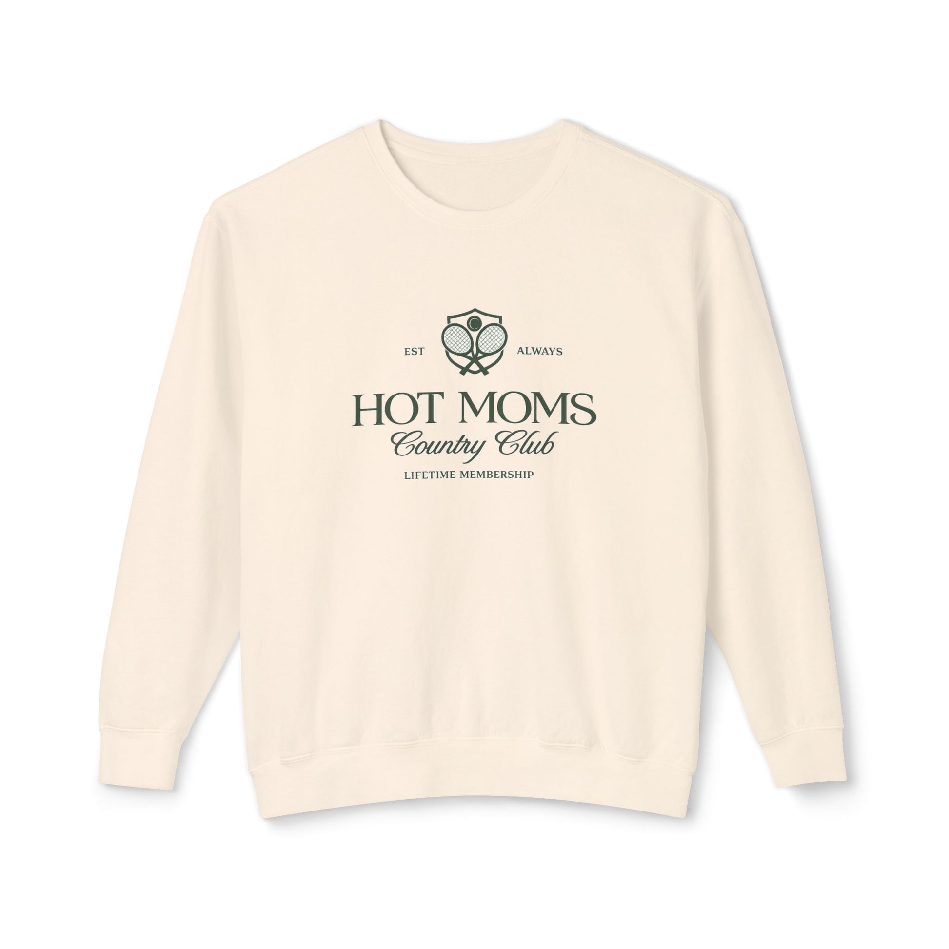 Beige sweatshirt with 'Hot Moms Country Club' text and logo on a white background