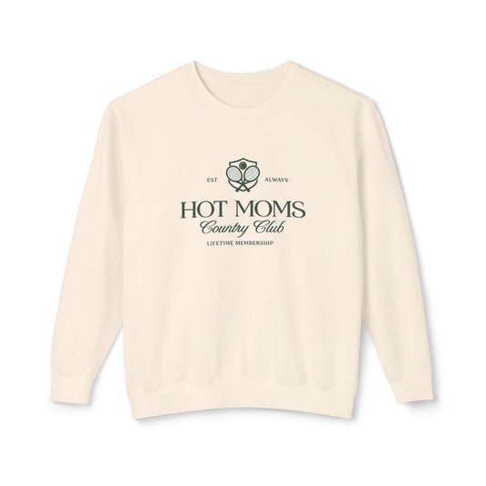Beige sweatshirt with 'Hot Moms Country Club' text and logo on a white background