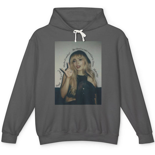 Dark gray hoodie with a graphic of a woman on the front on a white background