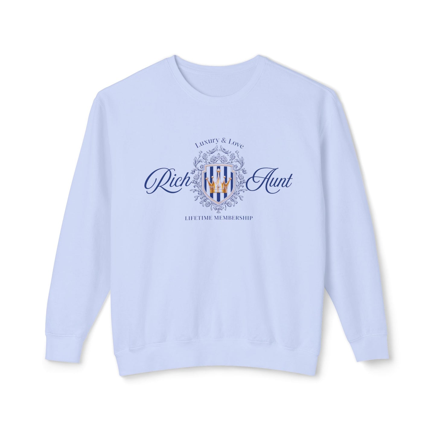 Light blue sweatshirt with 'Rich & Aunt' logo on a white background