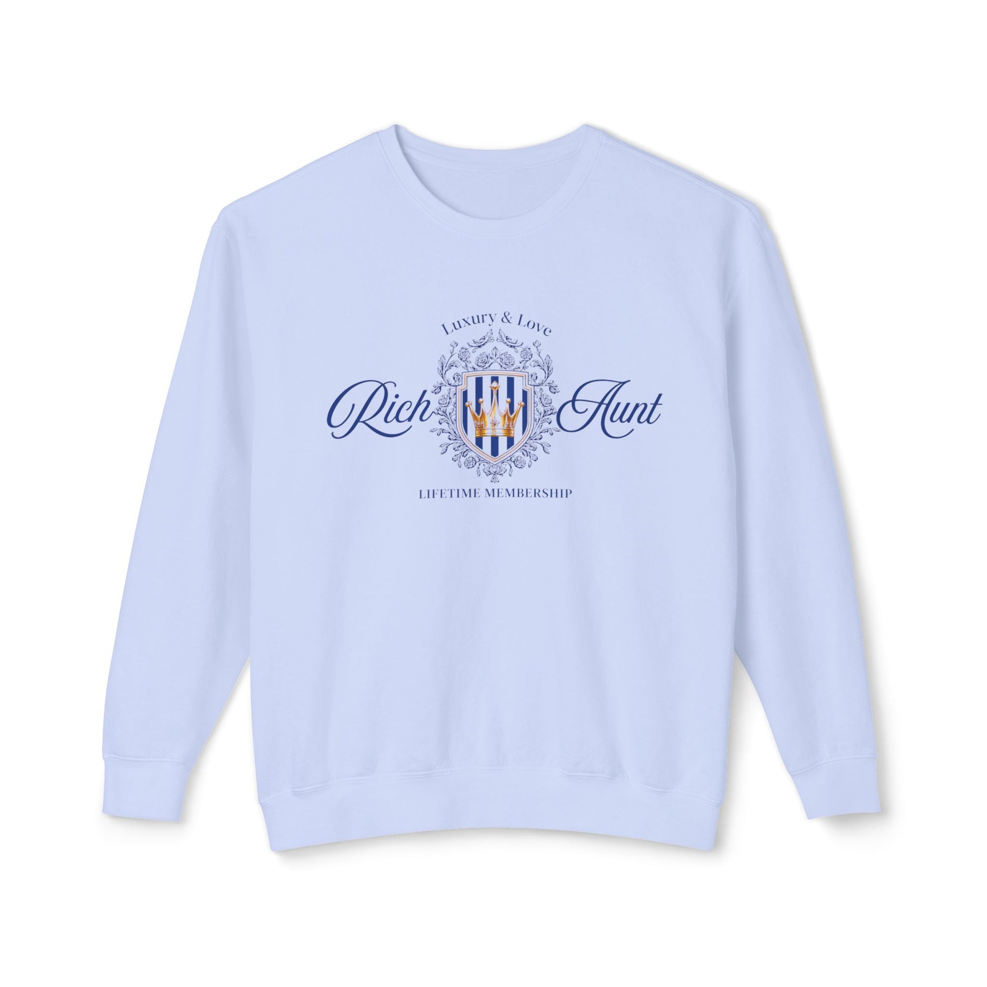 Light blue sweatshirt with 'Rich & Aunt' logo on a white background