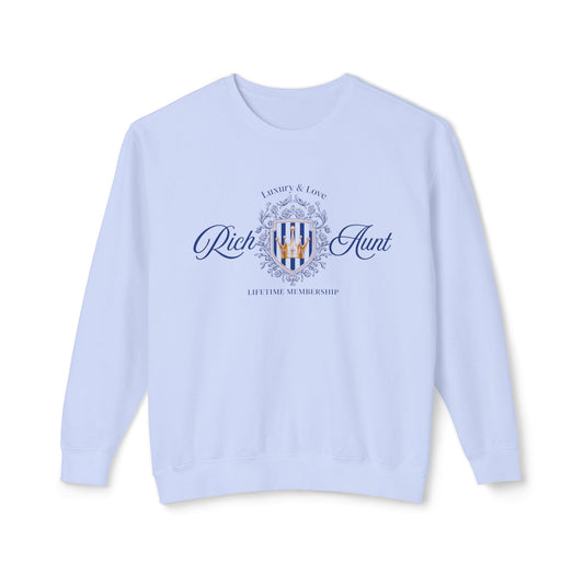 Light blue sweatshirt with 'Rich & Aunt' logo on a white background