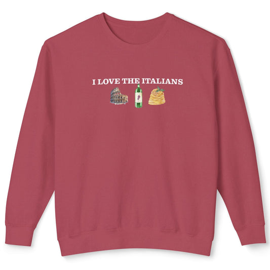 Red sweatshirt with 'I LOVE THE ITALIANS' text and graphics on a white background