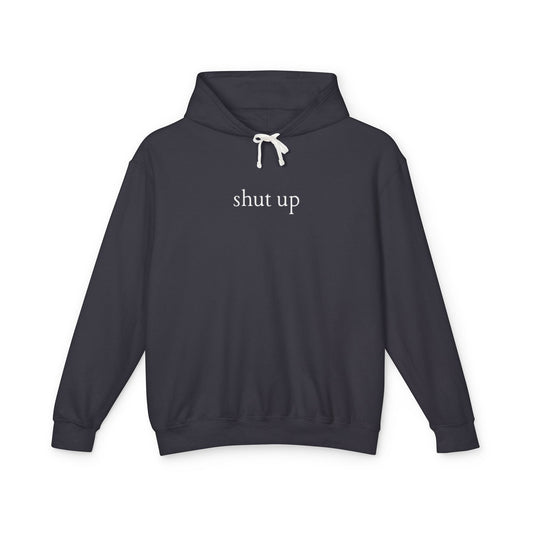 Black hoodie with 'shut up' text on a white background